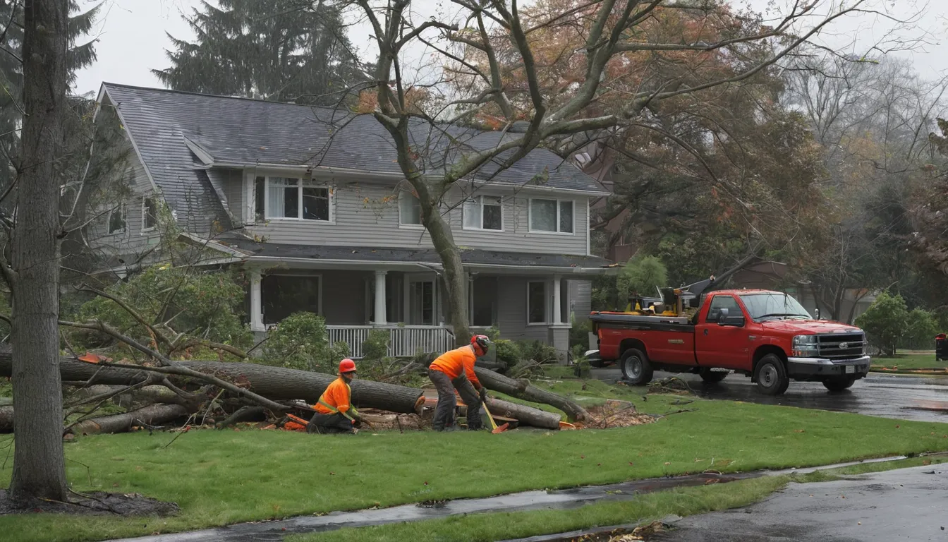 Provider crew clearing a storm-fallen tree from a home yard in Millbrook