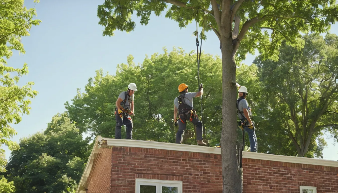 A local tree removal provider in a safety helmet cutting a large backyard tree near a home in Millbrook